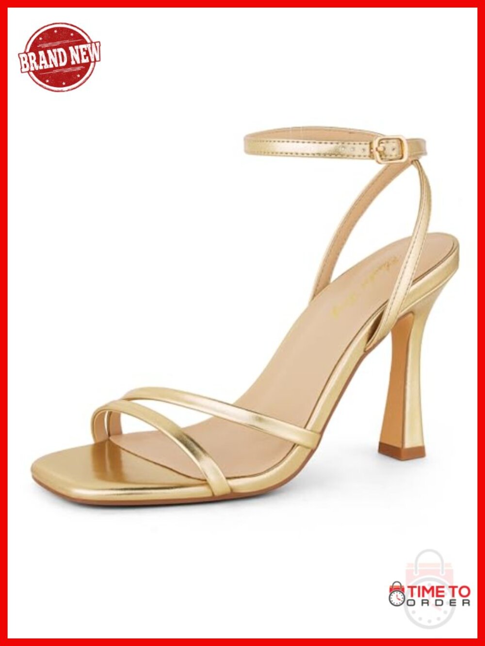 Womens Stiletto Heeled Sandals Square Toe Ankle Strap Faux Leather 4.1"